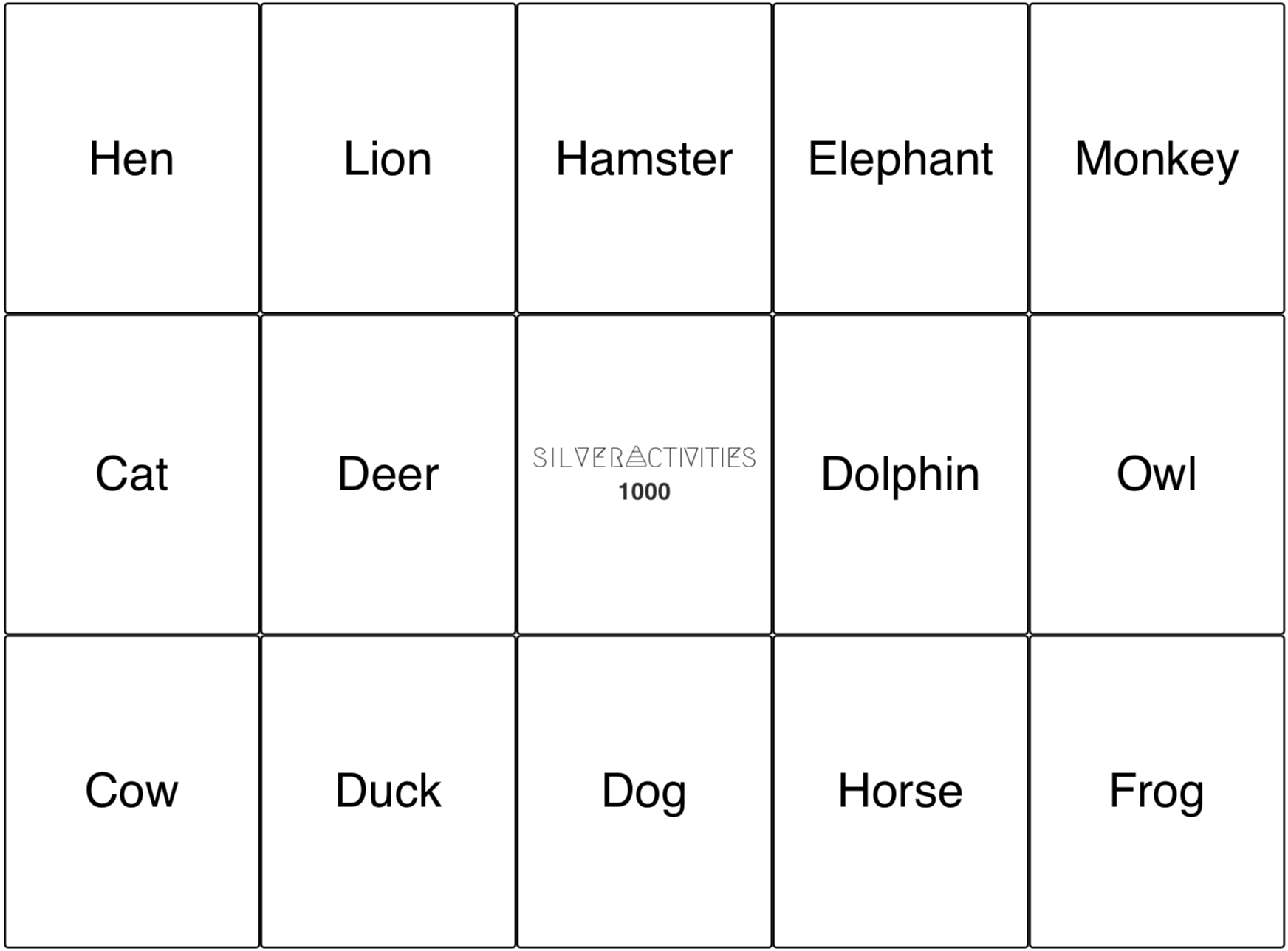 The Photo Animals Bingo card