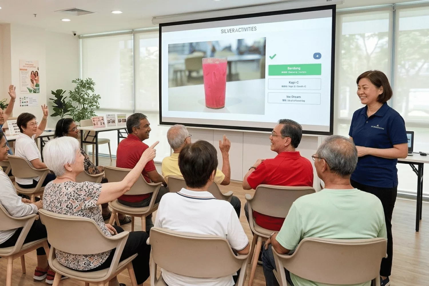 Care team leading group trivia on a large screen