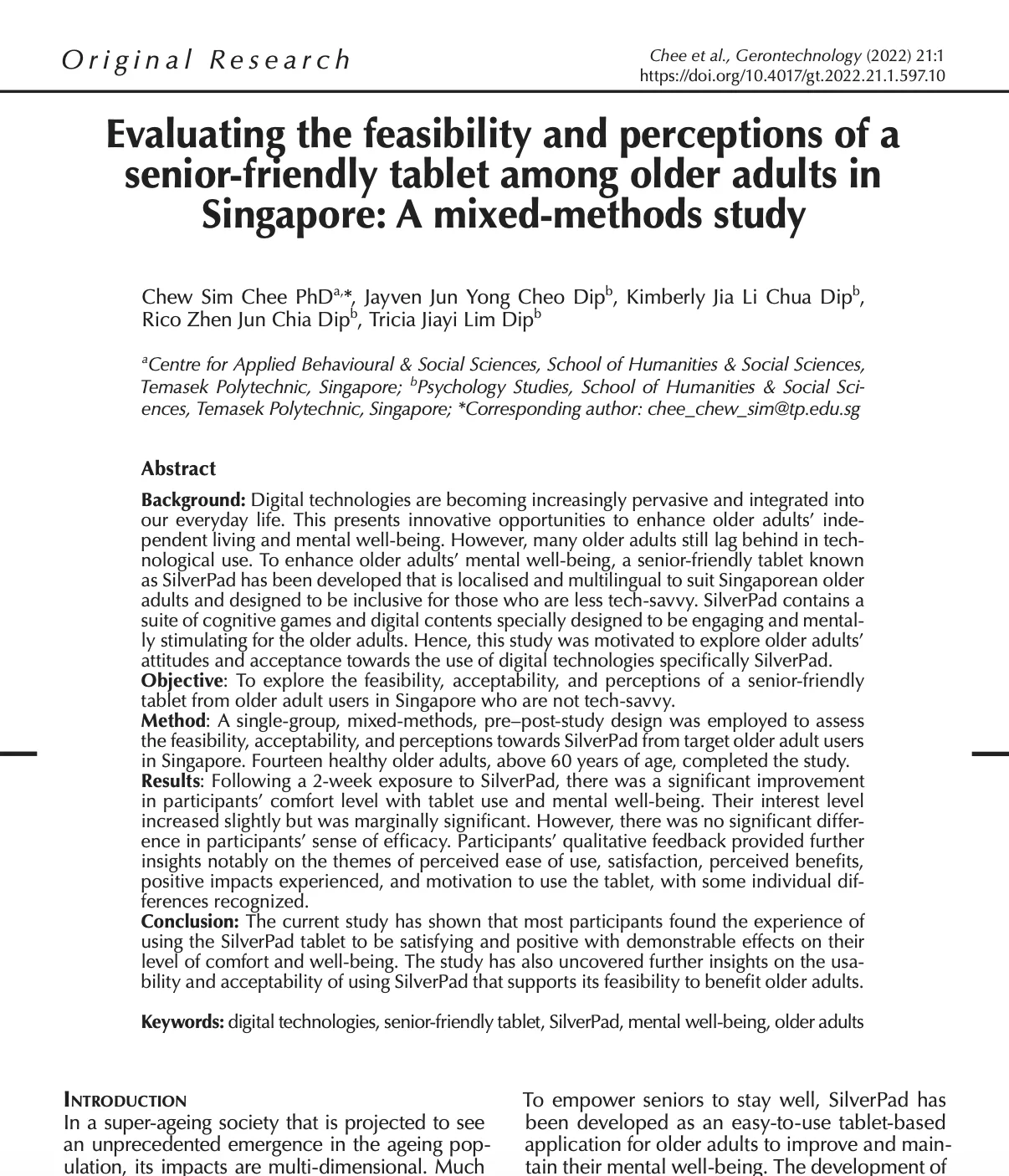 The first page of the published paper in Gerontechnology